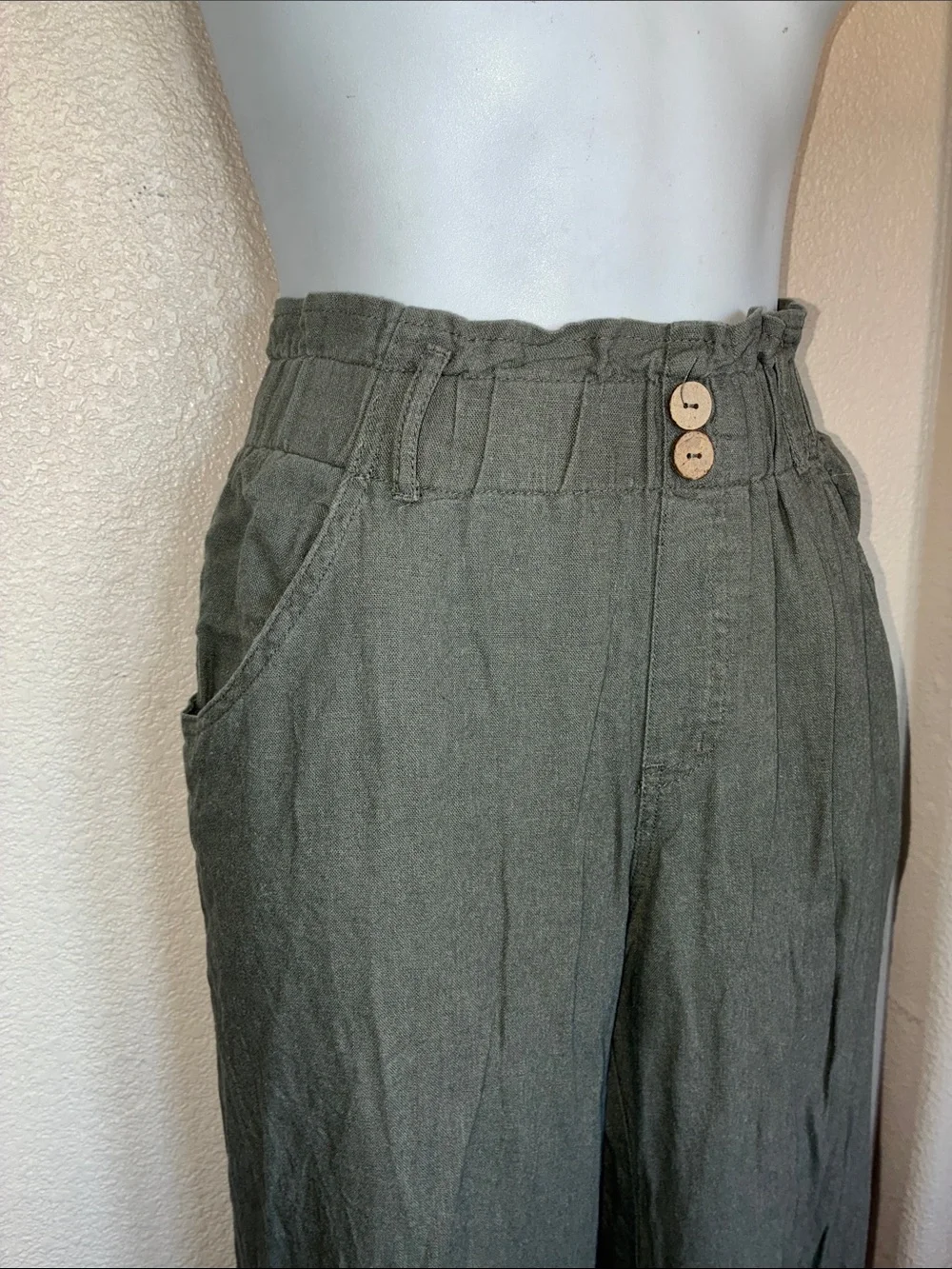 Rewind wide leg Pants, women's L, olive Linen-Blend elastic paperbag waist. EUC